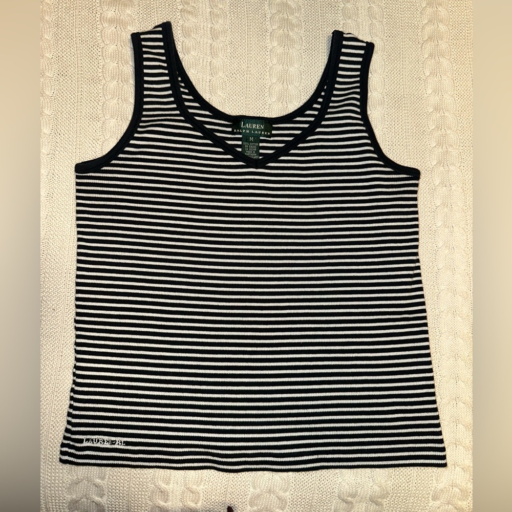 Lauren Ralph Lauren Blue White Stripped Sweater 100% Cotton Size Medium